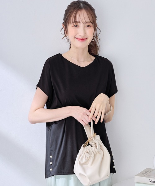 alotta(アロッタ)の「ひんやり裾パールデザインTシャツ(Tシャツ/カットソー・レディース・ブラック/ピンク/チャコール/ネイビー・M/L/LL)」の5枚目の写真