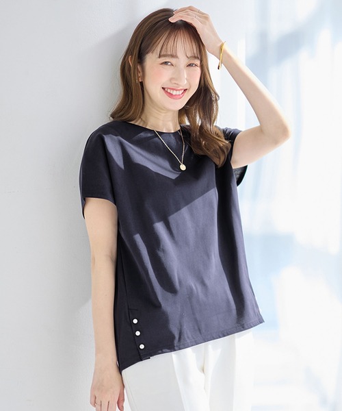 alotta(アロッタ)の「ひんやり裾パールデザインTシャツ(Tシャツ/カットソー・レディース・ブラック/ピンク/チャコール/ネイビー・M/L/LL)」の16枚目の写真