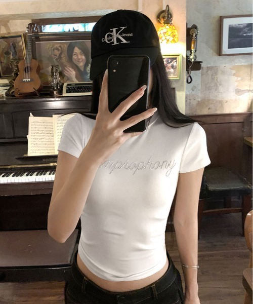 kirakiraShop(キラキラショップ)の「ラインストーン ロゴ クロップド Tシャツ(Tシャツ/カットソー・レディース・ネイビー/ホワイト・FREE)」の9枚目の写真