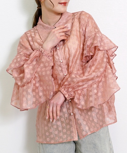 CHhdmn(シーエイチヒデモン)の「シアーブラウス / ドットジャガード フリルスリーブ シースルー シャツ 秋冬(シャツ/ブラウス・レディース・ブラック/ミント/ホワイト/ピンク・M/L)」の4枚目の写真