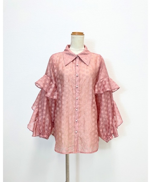 CHhdmn(シーエイチヒデモン)の「シアーブラウス / ドットジャガード フリルスリーブ シースルー シャツ 秋冬(シャツ/ブラウス・レディース・ブラック/ミント/ホワイト/ピンク・M/L)」の15枚目の写真