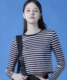 テンションクロップストライプベーシック長袖Tシャツインナー[ブラック] KGL