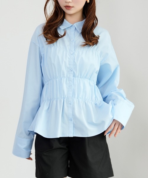 DRESS PLUS(ドレスプラス)の「ウエストシャーリング ペプラムシャツ 長袖(シャツ/ブラウス・レディース・サックスブルー/オフホワイト/ブラック/ネイビー・M)」の4枚目の写真