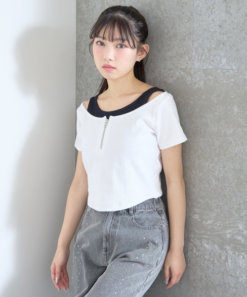 LOVETOXIC(ラブトキシック)の「【LTXC/抗菌防臭】オフショルレイヤードテレコT(Tシャツ/カットソー・キッズ・ブラック/ネイビー/レッド/オフホワイト・L:160cm/S:140cm/M:150cm/130cm)」の2枚目の写真