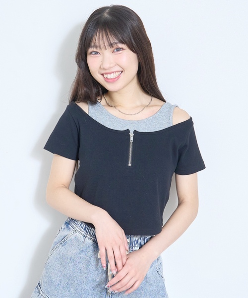 LOVETOXIC(ラブトキシック)の「【LTXC/抗菌防臭】オフショルレイヤードテレコT(Tシャツ/カットソー・キッズ・ブラック/ネイビー/レッド/オフホワイト・L:160cm/S:140cm/M:150cm/130cm)」の1枚目の写真