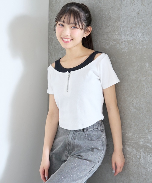 LOVETOXIC(ラブトキシック)の「【LTXC/抗菌防臭】オフショルレイヤードテレコT(Tシャツ/カットソー・キッズ・ブラック/ネイビー/レッド/オフホワイト・L:160cm/S:140cm/M:150cm/130cm)」の8枚目の写真