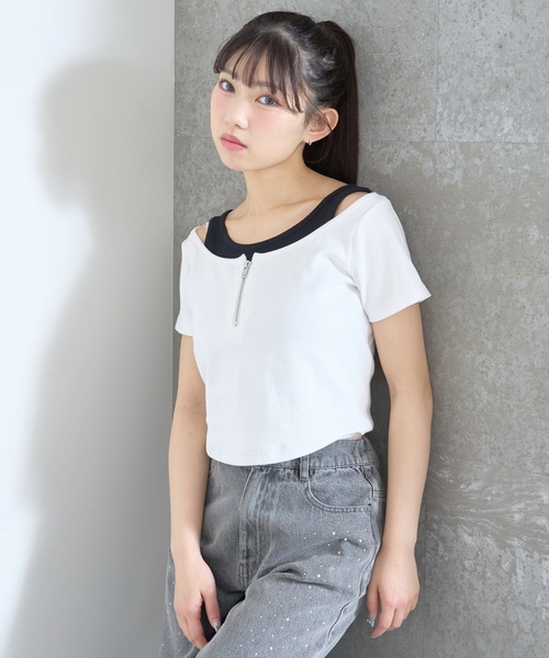 LOVETOXIC(ラブトキシック)の「【LTXC/抗菌防臭】オフショルレイヤードテレコT(Tシャツ/カットソー・キッズ・ブラック/ネイビー/レッド/オフホワイト・L:160cm/S:140cm/M:150cm/130cm)」の9枚目の写真