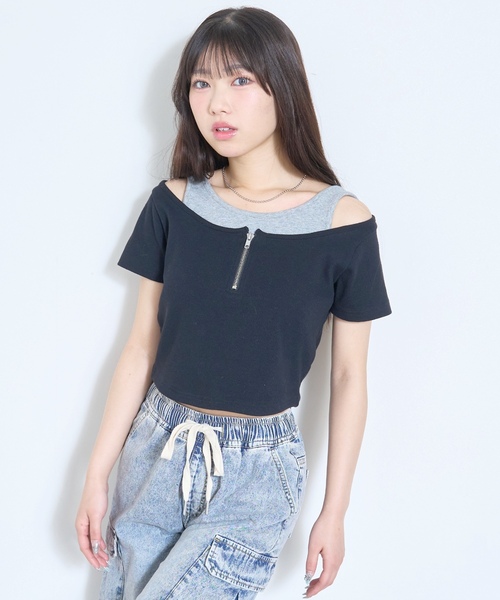 LOVETOXIC(ラブトキシック)の「【LTXC/抗菌防臭】オフショルレイヤードテレコT(Tシャツ/カットソー・キッズ・ブラック/ネイビー/レッド/オフホワイト・L:160cm/S:140cm/M:150cm/130cm)」の12枚目の写真