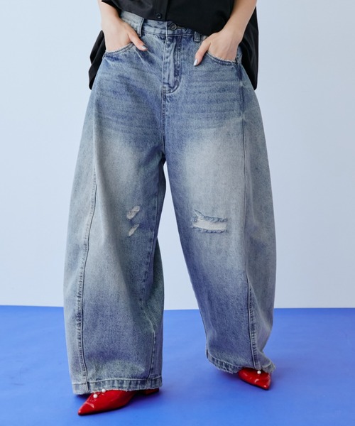 manana suerte(マニャーナスエルテ)の「ダメージワイドデニムパンツ(デニムパンツ・レディース・ブルー・MEDIUM/LARGE)」の1枚目の写真