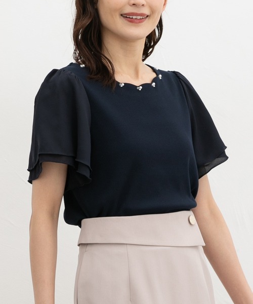 Honeys（ハニーズ）の「【ハニさら・接触冷感・ＵＶカット】スカラップトップス（Tシャツ/カットソー・レディース・ピンク/アイボリー/ネイビー/サックスブルー・M/LL/L/3L/S）」の2枚目の写真