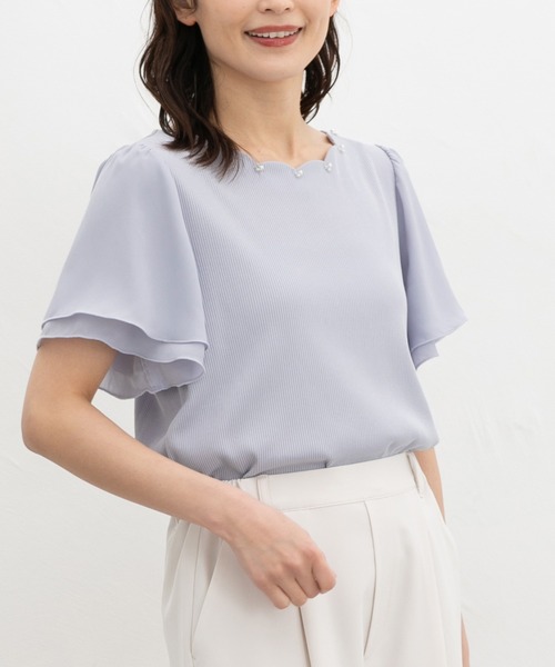 Honeys（ハニーズ）の「【ハニさら・接触冷感・ＵＶカット】スカラップトップス（Tシャツ/カットソー・レディース・ピンク/アイボリー/ネイビー/サックスブルー・M/LL/L/3L/S）」の3枚目の写真