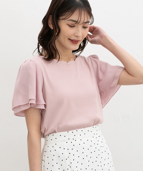 Honeys（ハニーズ）の「【ハニさら・接触冷感・ＵＶカット】スカラップトップス（Tシャツ/カットソー・レディース・ピンク/アイボリー/ネイビー/サックスブルー・M/LL/L/3L/S）」の4枚目の写真