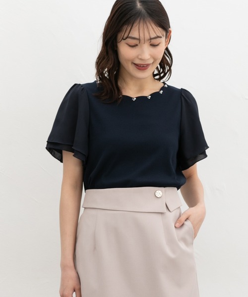 Honeys（ハニーズ）の「【ハニさら・接触冷感・ＵＶカット】スカラップトップス（Tシャツ/カットソー・レディース・ピンク/アイボリー/ネイビー/サックスブルー・M/LL/L/3L/S）」の5枚目の写真