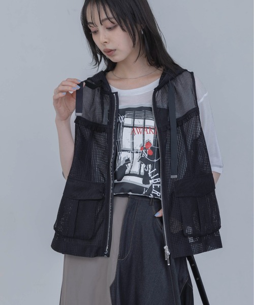 新品　今季　Eimee Law ジオメトリックジャガード ロングコート　マルチ マルチメッシュフーディーベスト Eimee Law│Eimee Law & LHELBIE 公式