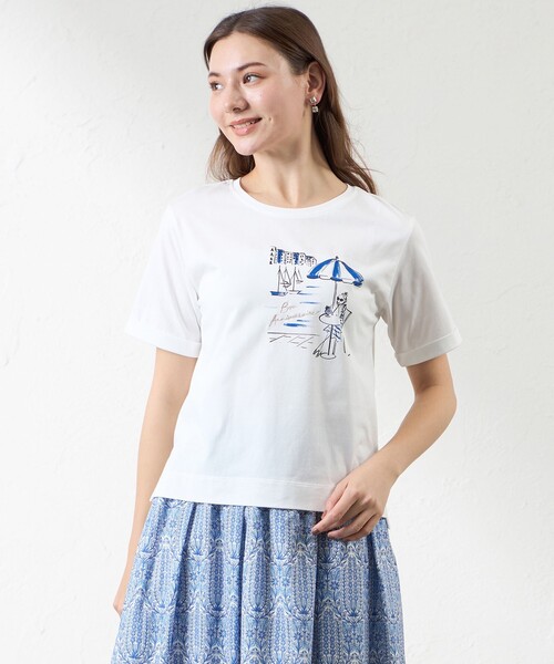 amaca(アマカ)の「【大橋美由紀さんコラボ】 プロヴァンスプリントT(Tシャツ/カットソー・レディース・ブルー系その他4/ネイビー/オフホワイト・38)」の2枚目の写真