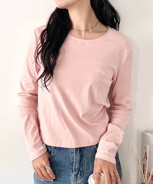 POLOCHAMPS（ポロチャンプス）の「POLOCHAMPS(ポロチャンプス)/長袖Tシャツ　短丈　カットソー　クルーネック（Tシャツ/カットソー・レディース・ダークグレー/ライトグレー/サックスブルー/パープル/ワインレッド/アイボリー/ベージュ/ホワイト/ネイビー/ブラック/ピンク・FREE）」の10枚目の写真