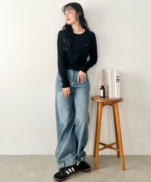 POLOCHAMPS（ポロチャンプス）の「POLOCHAMPS(ポロチャンプス)/長袖Tシャツ　短丈　カットソー　クルーネック（Tシャツ/カットソー・レディース・ダークグレー/ライトグレー/サックスブルー/パープル/ワインレッド/アイボリー/ベージュ/ホワイト/ネイビー/ブラック/ピンク・FREE）」の14枚目の写真