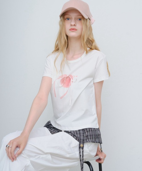 HEIREN(ヘイレーン)の「フロントリボンTee(Tシャツ/カットソー・レディース・ホワイト/ブラック・FREE)」の13枚目の写真