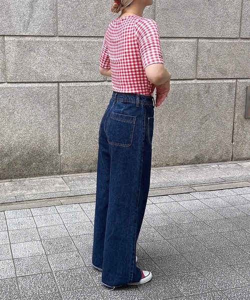 ISOOK(アイスー)の「ギンガムチェックストレッチTシャツ(comochi select) / カットソー 半袖 クルーネック(Tシャツ/カットソー・レディース・ブラック/レッド・FREE)」の3枚目の写真