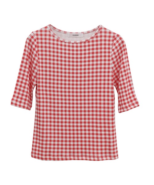 ISOOK(アイスー)の「ギンガムチェックストレッチTシャツ(comochi select) / カットソー 半袖 クルーネック(Tシャツ/カットソー・レディース・ブラック/レッド・FREE)」の11枚目の写真