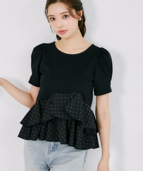 tocco closet(トッコ クローゼット)の「UVカット異素材アシメフリルリブカットプルオーバー(Tシャツ/カットソー・レディース・ブラック/ホワイト系/ブラック系/オフホワイト・M)」の4枚目の写真
