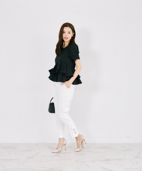 tocco closet(トッコ クローゼット)の「UVカット異素材アシメフリルリブカットプルオーバー(Tシャツ/カットソー・レディース・ブラック/ホワイト系/ブラック系/オフホワイト・M)」の20枚目の写真