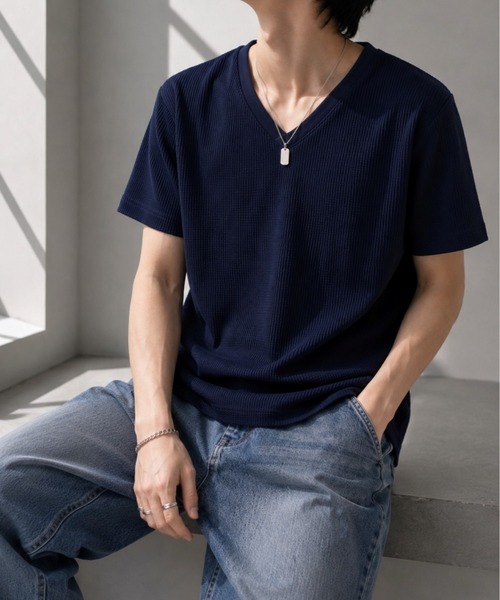 UP START（アップスタート）の「【Bls】 【ZM】【Bling Leads】サーマルワッフル V/N TEE(BL)（Tシャツ/カットソー・メンズ・ホワイト/カーキ/ネイビー/ライトピンク/グレー/ブラック・MEDIUM/LARGE/X-LARGE）」の10枚目の写真