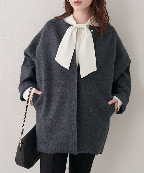 natural couture(ナチュラルクチュール)の「ウール混ニットコート(ノーカラーコート・レディース・チャコールグレー/ブラック/ライトベージュ・FREE)」の3枚目の写真