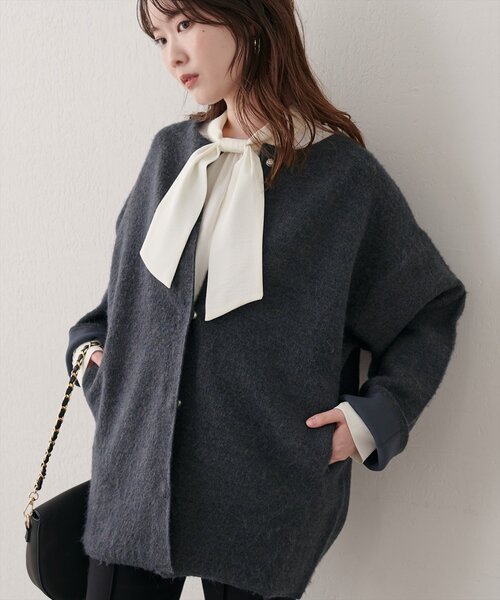 natural couture(ナチュラルクチュール)の「ウール混ニットコート(ノーカラーコート・レディース・チャコールグレー/ブラック/ライトベージュ・FREE)」の5枚目の写真