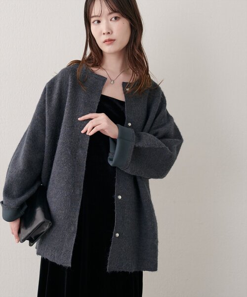 natural couture(ナチュラルクチュール)の「ウール混ニットコート(ノーカラーコート・レディース・チャコールグレー/ブラック/ライトベージュ・FREE)」の9枚目の写真