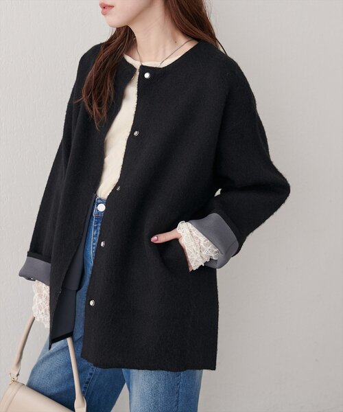 natural couture(ナチュラルクチュール)の「ウール混ニットコート(ノーカラーコート・レディース・チャコールグレー/ブラック/ライトベージュ・FREE)」の14枚目の写真
