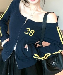 【秋冬新作】ラインスリーブダブルジップオフショルトップス