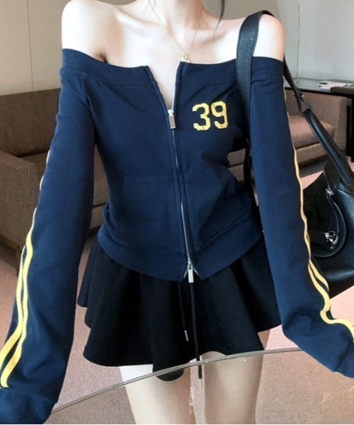 SHEENA(シーナ)の「【秋冬新作】ラインスリーブダブルジップオフショルトップス(Tシャツ/カットソー・レディース・ネイビー/ブラック・M)」の10枚目の写真
