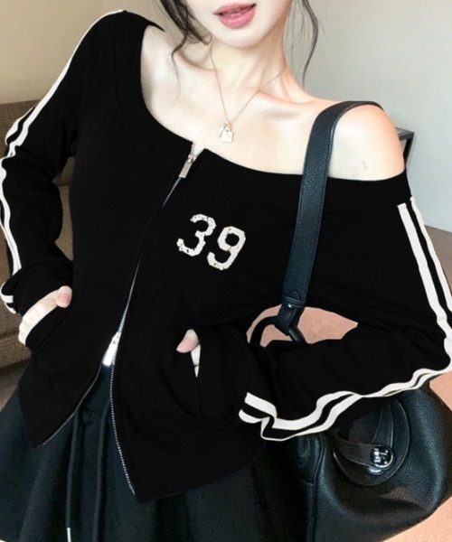 SHEENA(シーナ)の「【秋冬新作】ラインスリーブダブルジップオフショルトップス(Tシャツ/カットソー・レディース・ネイビー/ブラック・M)」の15枚目の写真