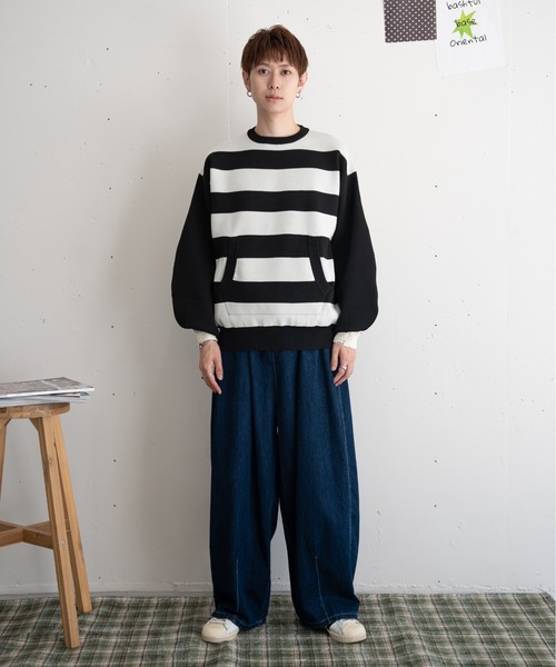 bashful base Oriental（バッシュフルベースオリエンタル）の「【bbO】ビッグシルエットワイドボーダーニットトップス（ニット/セーター・メンズ・オフホワイト/ブラウン/ブラック・MEDIUM/LARGE）」の13枚目の写真