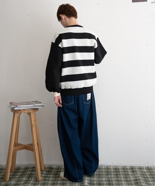 bashful base Oriental（バッシュフルベースオリエンタル）の「【bbO】ビッグシルエットワイドボーダーニットトップス（ニット/セーター・メンズ・オフホワイト/ブラウン/ブラック・MEDIUM/LARGE）」の12枚目の写真