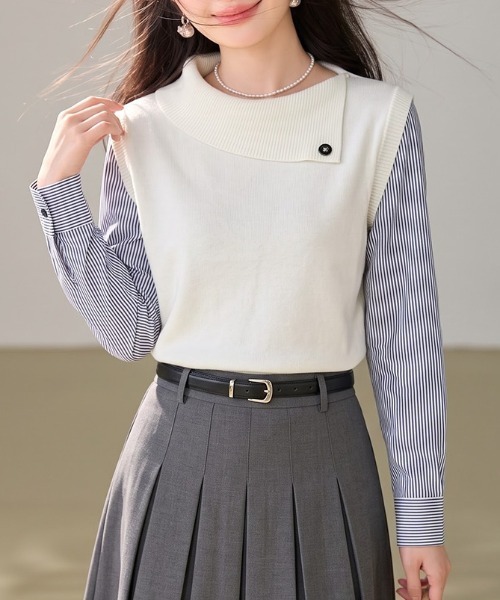 AMAJI(アマジ)の「シャツ切替 フェイクレイヤード ニットトップス(シャツ/ブラウス・レディース・ベージュ/グレー・SMALL/MEDIUM/LARGE/X-LARGE)」の2枚目の写真