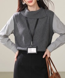 シャツ切替 フェイクレイヤード ニットトップス
