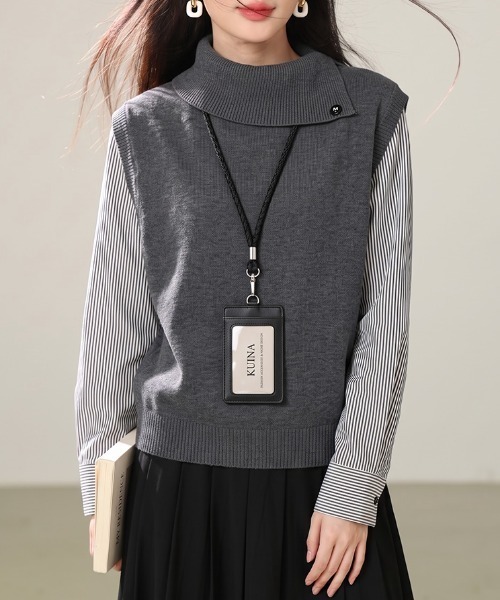 AMAJI(アマジ)の「シャツ切替 フェイクレイヤード ニットトップス(シャツ/ブラウス・レディース・ベージュ/グレー・SMALL/MEDIUM/LARGE/X-LARGE)」の3枚目の写真