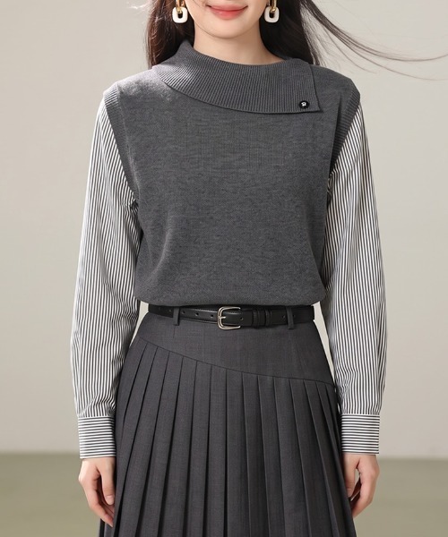 AMAJI(アマジ)の「シャツ切替 フェイクレイヤード ニットトップス(シャツ/ブラウス・レディース・ベージュ/グレー・SMALL/MEDIUM/LARGE/X-LARGE)」の4枚目の写真