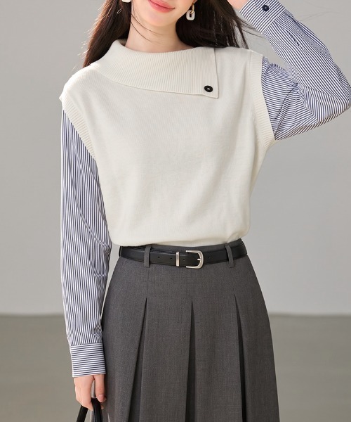 AMAJI(アマジ)の「シャツ切替 フェイクレイヤード ニットトップス(シャツ/ブラウス・レディース・ベージュ/グレー・SMALL/MEDIUM/LARGE/X-LARGE)」の5枚目の写真