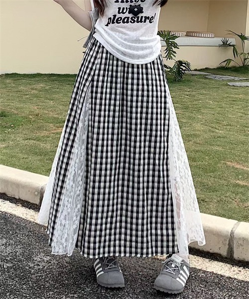 FREE STYLISTS(フリー スタイリスト)の「韓国風レース切り替えギンガムチェックロングスカート(スカート・レディース・ブルー/ブラック/レッド・M/L)」の5枚目の写真