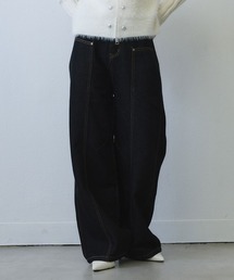 contrast stitch curved wide denim / コントラストステッチカーブワイドデニムパンツ