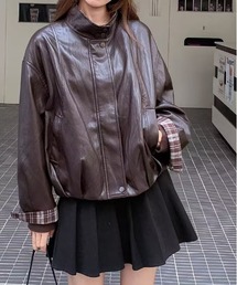 チェック切り替え配色レザータッチジャケット