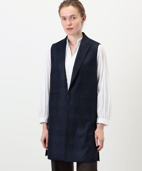 TOMORROWLAND collection(トゥモローランドコレクション)の「SILK AIR GLEN CHECK ロングジレ(ベスト・レディース・ブラウン系/ネイビー・36/34)」の4枚目の写真