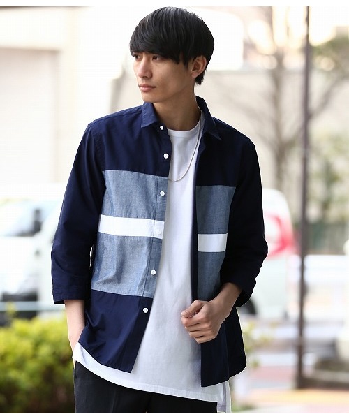 JUNRED(ジュンレッド)の「オックスパネル7分袖シャツ(シャツ/ブラウス・メンズ・オフホワイト/サックスブルー/ネイビー・LL/L/S/M)」の2枚目の写真