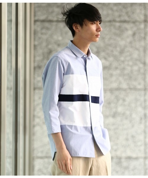 JUNRED(ジュンレッド)の「オックスパネル7分袖シャツ(シャツ/ブラウス・メンズ・オフホワイト/サックスブルー/ネイビー・LL/L/S/M)」の3枚目の写真