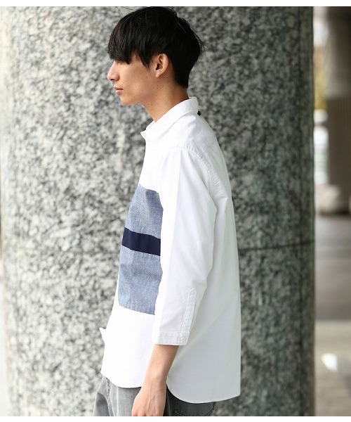 JUNRED(ジュンレッド)の「オックスパネル7分袖シャツ(シャツ/ブラウス・メンズ・オフホワイト/サックスブルー/ネイビー・LL/L/S/M)」の4枚目の写真