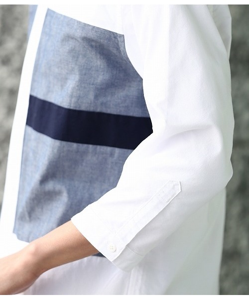 JUNRED(ジュンレッド)の「オックスパネル7分袖シャツ(シャツ/ブラウス・メンズ・オフホワイト/サックスブルー/ネイビー・LL/L/S/M)」の7枚目の写真