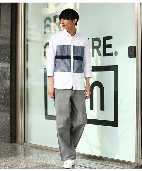 JUNRED(ジュンレッド)の「オックスパネル7分袖シャツ(シャツ/ブラウス・メンズ・オフホワイト/サックスブルー/ネイビー・LL/L/S/M)」の9枚目の写真